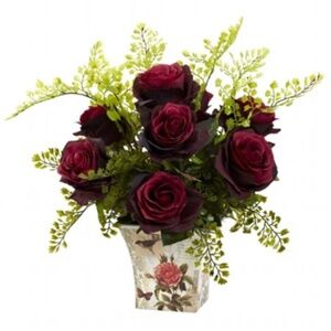 Nearly Natural Rose & Maidenhair Arrangement – Burgundy NWT